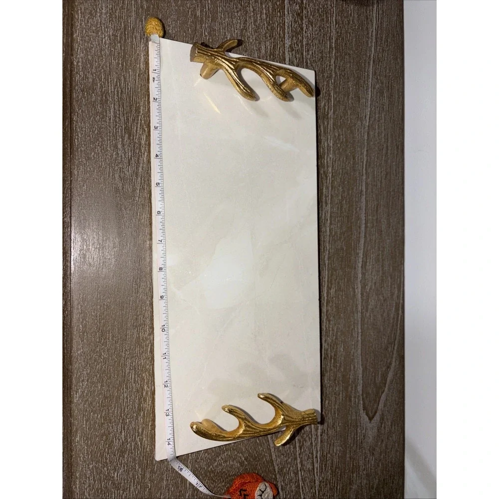 Indian White Marble Serving Tray with Gold Finish Metal Handle DECORATIVE 14x7‎